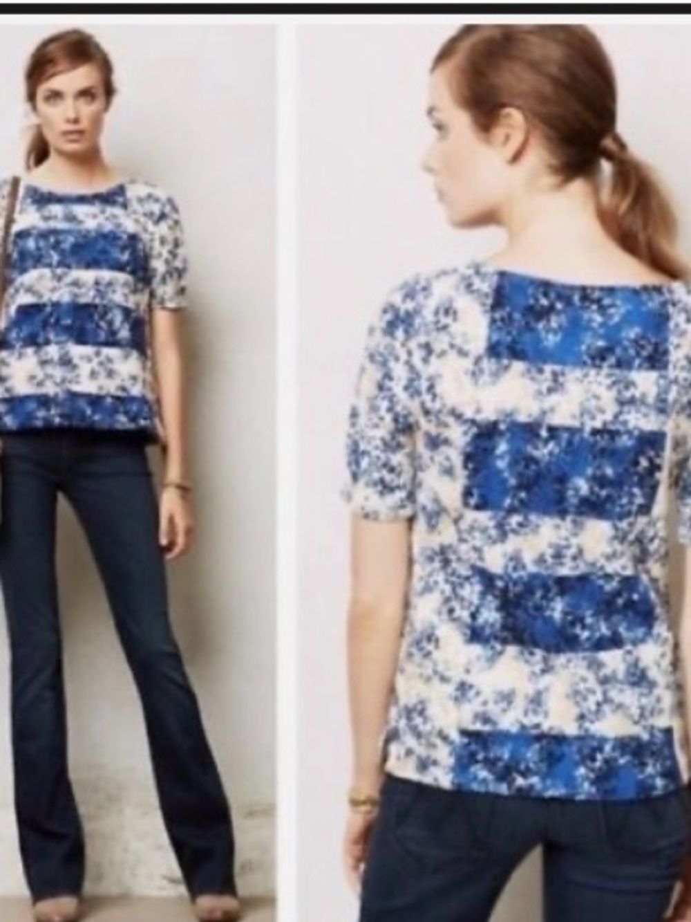 🌺 Anthropologie Blue and White Floral-Stripe Short Sleeve Tee